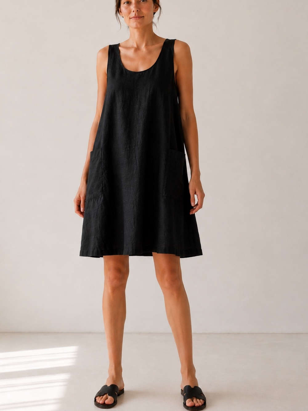Very Mary Designs Black Linen A-Line Dress L Patch Pockets Made in Canada
